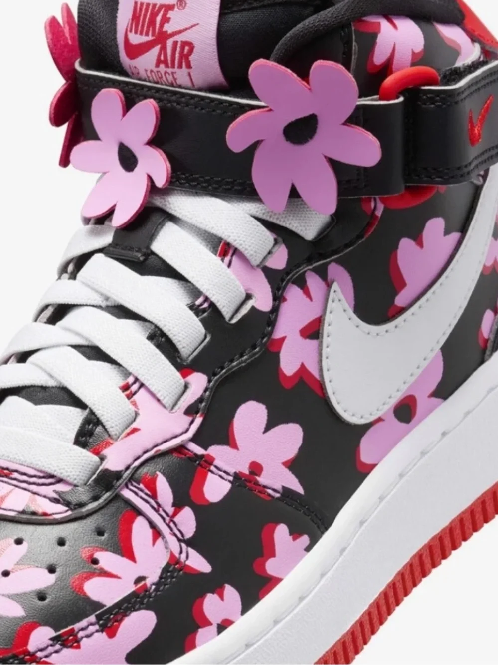 Nike | Girl’s Black/Pink Floral ‘Flower Power’ Air Force 1 Mid Top Sneakers 2Y - Picture 16 of 16